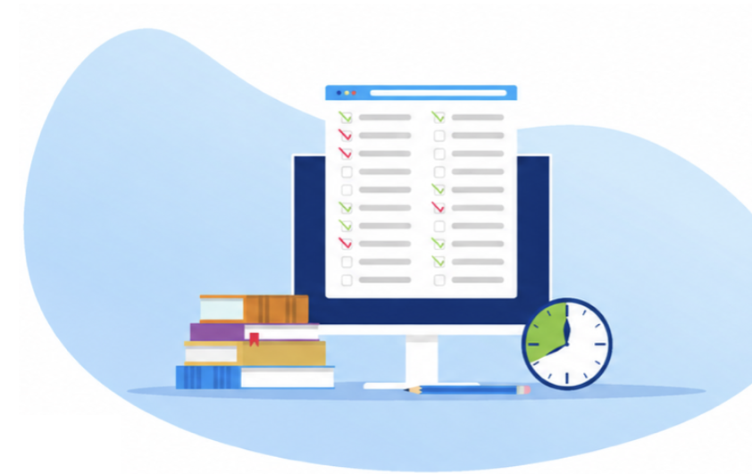 Illustration of a computer showing an exam checklist, a stopwatch, and study books